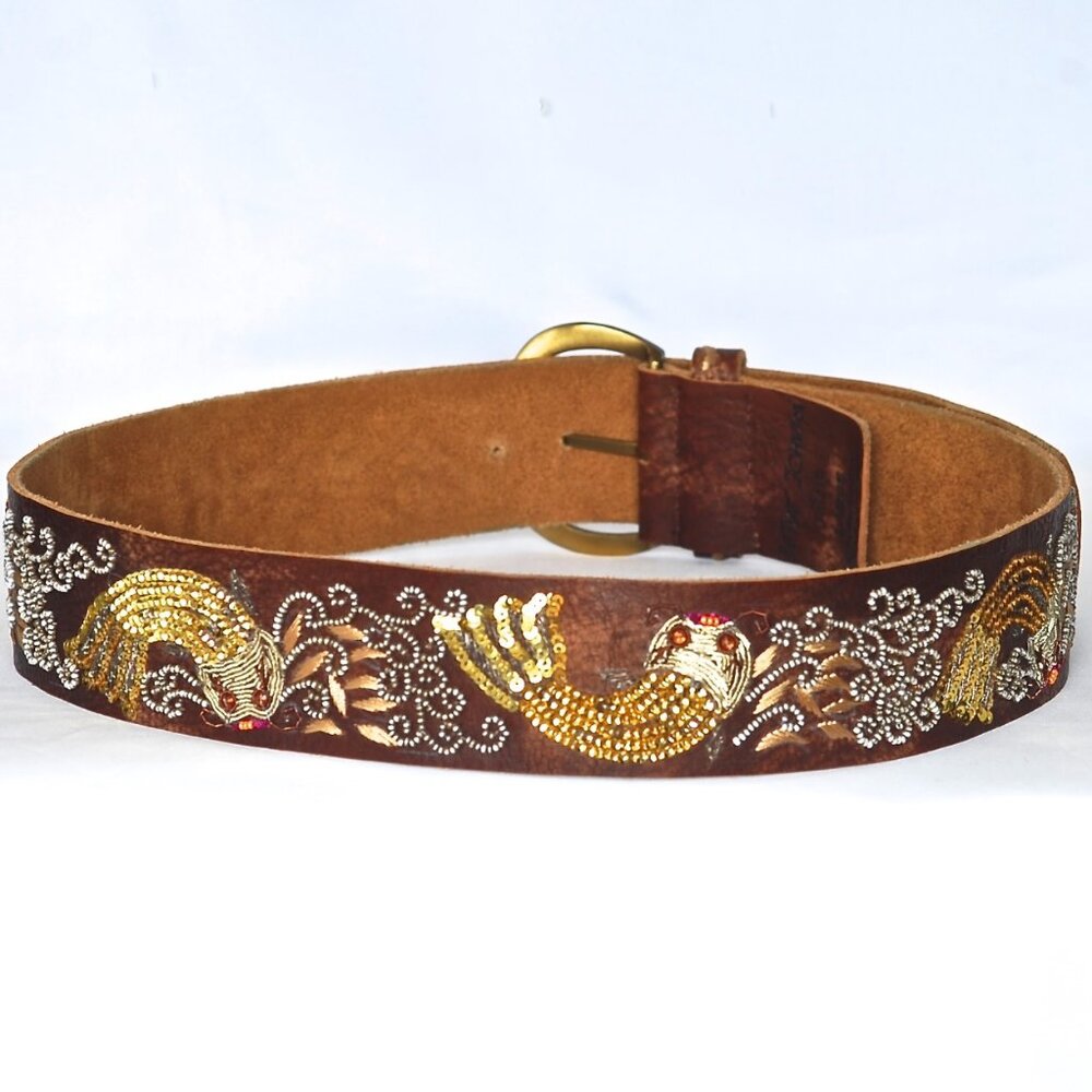Betsey Johnson Distressed Leather Embellished Belt With Brass Buckle - India